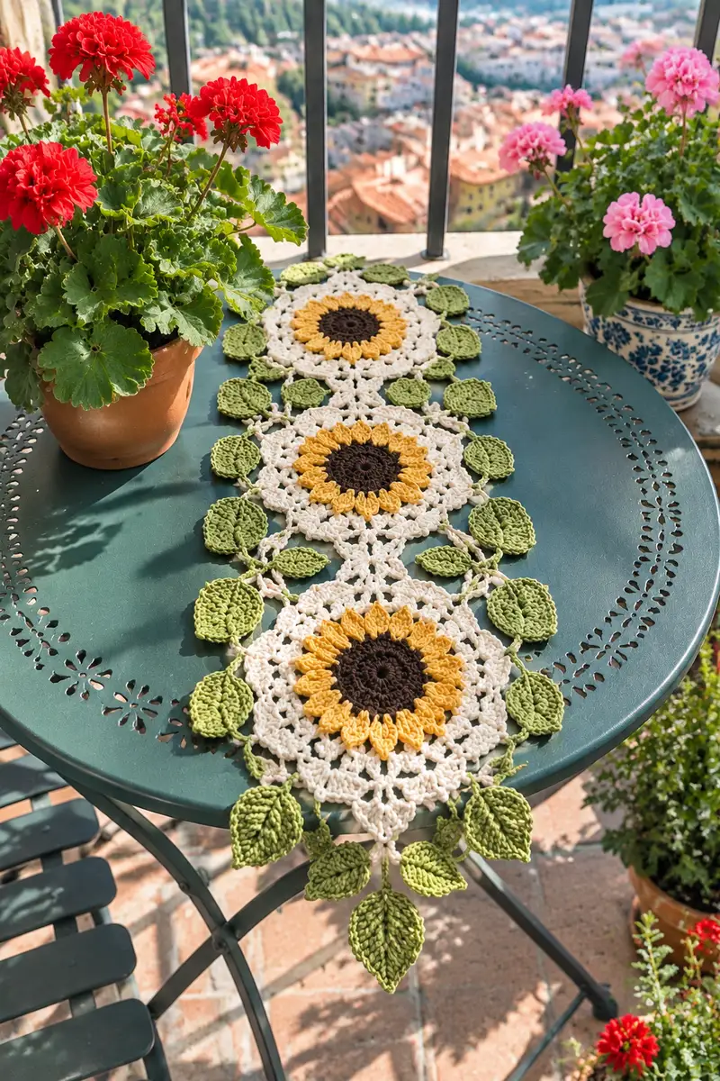Sunflower Mandala and Leaf Sprig Table Runner Pattern crochet pattern - detailed view of completed project