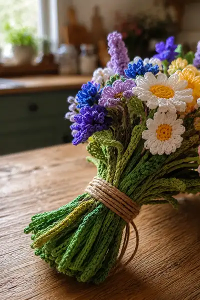 Wildflower Mixed Crochet Bouquet Pattern step 2 - assembly progress