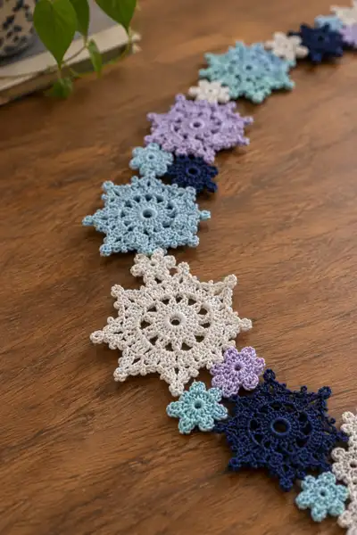Linked Snowflake Crochet Christmas Table Runner Pattern step 2 - assembly progress