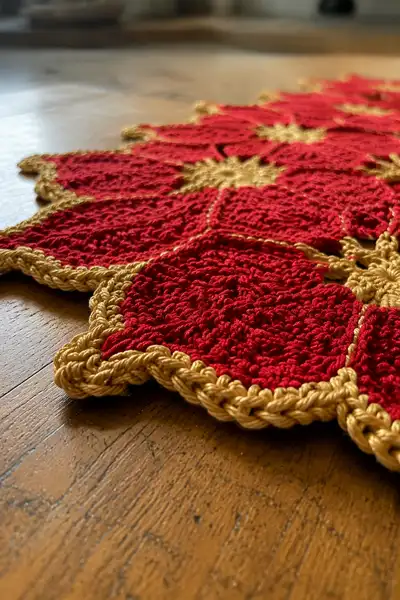 Red and Gold Christmas Poinsettia Table Runner Pattern step 2 - assembly progress