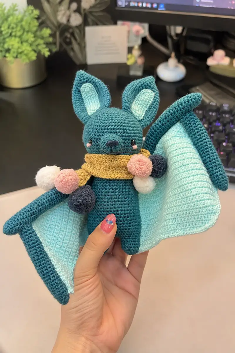 Hugo the Bat Amigurumi Pattern crochet pattern - detailed view of completed project