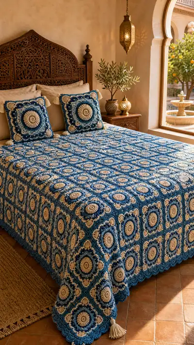 Coastal Blue Medallion Granny Bedspread Pattern step 1 - construction progress