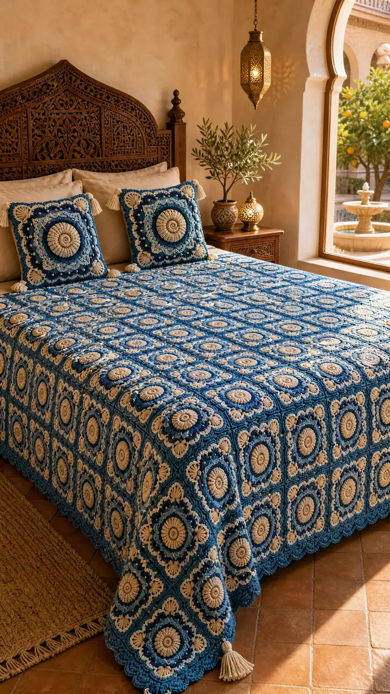 Coastal Blue Medallion Granny Bedspread Pattern crochet pattern - detailed view of completed project