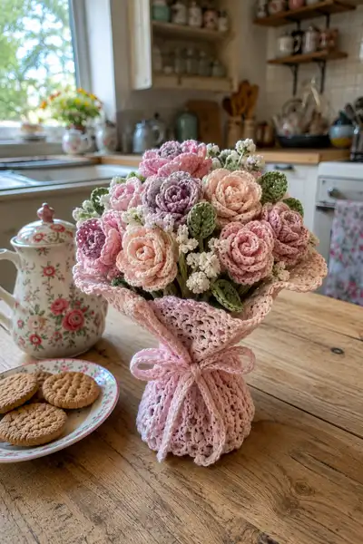 Soft Pastel Rose Crochet Bouquet Pattern step 1 - construction progress