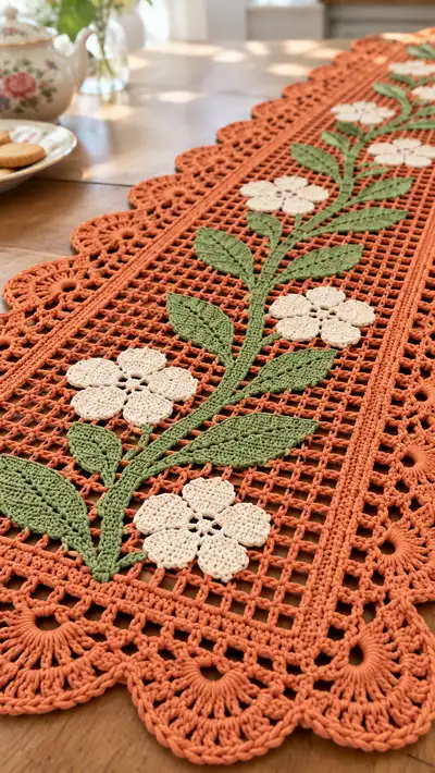 Vintage Floral Filet Table Runner Pattern step 2 - assembly progress
