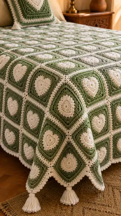 Sage Heart Granny Square Bedspread Pattern step 2 - assembly progress