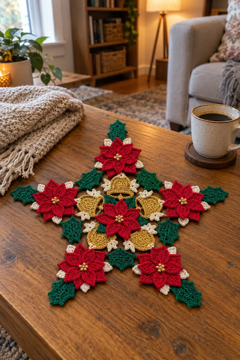 Five Point Star Poinsettia Christmas Centerpiece Pattern crochet pattern - detailed view of completed project