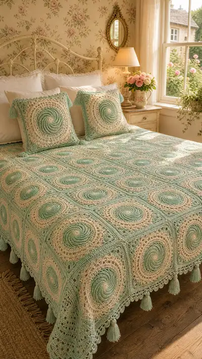 Seafoam Spiral Granny Square Bedspread Pattern step 1 - construction progress