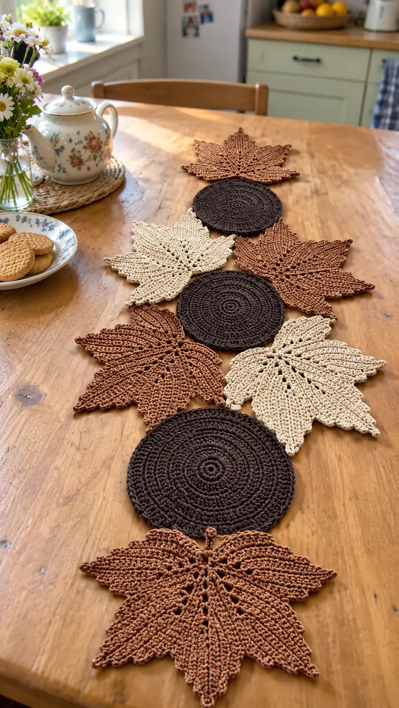 Autumn Leaf & Round Placemat Table Runner Pattern crochet pattern - detailed view of completed project