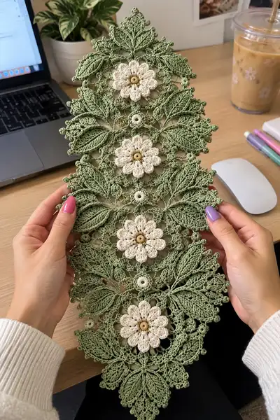 Delicate Daisy & Leaf Lace Runner Pattern step 1 - construction progress