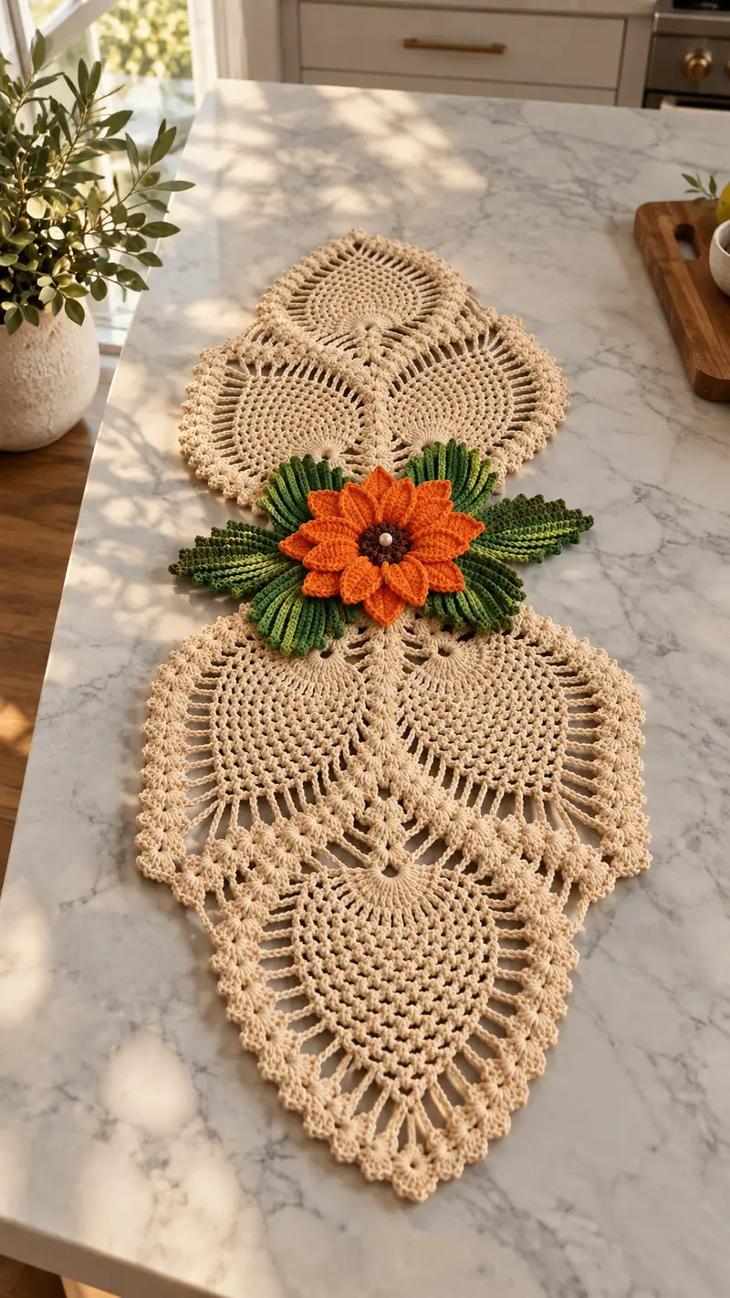 Elegant Leaf Motif Table Runner Pattern crochet pattern - detailed view of completed project
