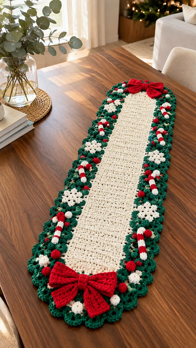 Festive Holiday Table Runner Pattern crochet pattern - detailed view of completed project