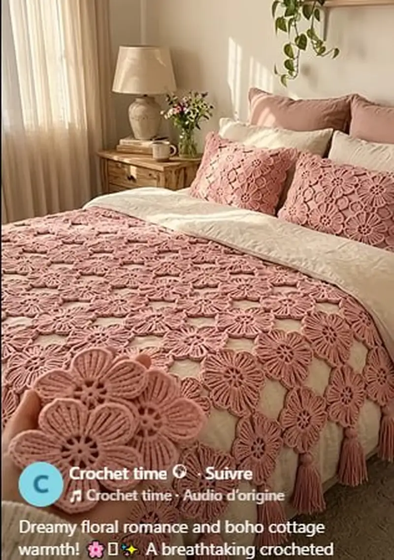 Dreamy Floral Romance Bedspread Pattern crochet pattern - detailed view of completed project