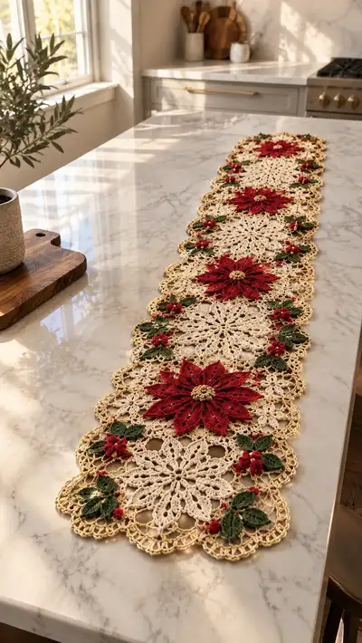 Festive Poinsettia & Snowflake Table Runner Pattern step 1 - construction progress