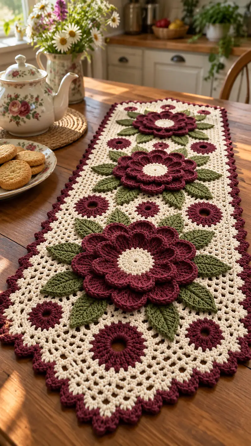 Floral Elegance Table Runner Pattern crochet pattern - detailed view of completed project