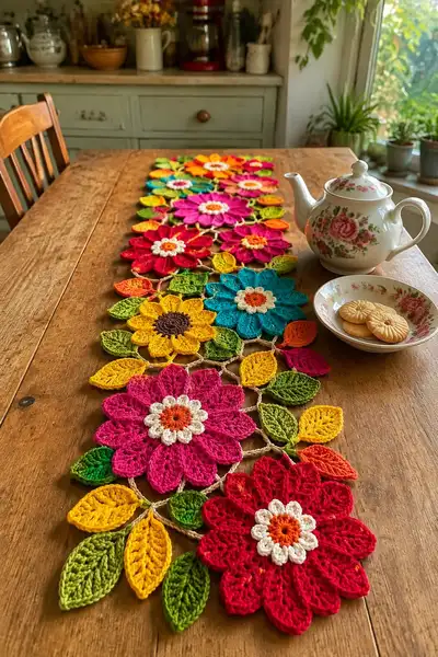 Vibrant Garden Flower Table Runner Pattern step 1 - construction progress