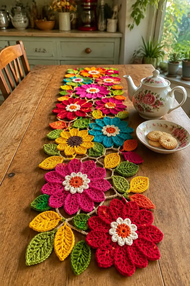 Vibrant Garden Flower Table Runner Pattern crochet pattern - detailed view of completed project