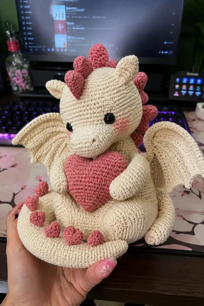 Big Soft Cream Love Dragon with Rose Pink Heart Spikes Amigurumi Pattern crochet pattern - detailed view of completed project