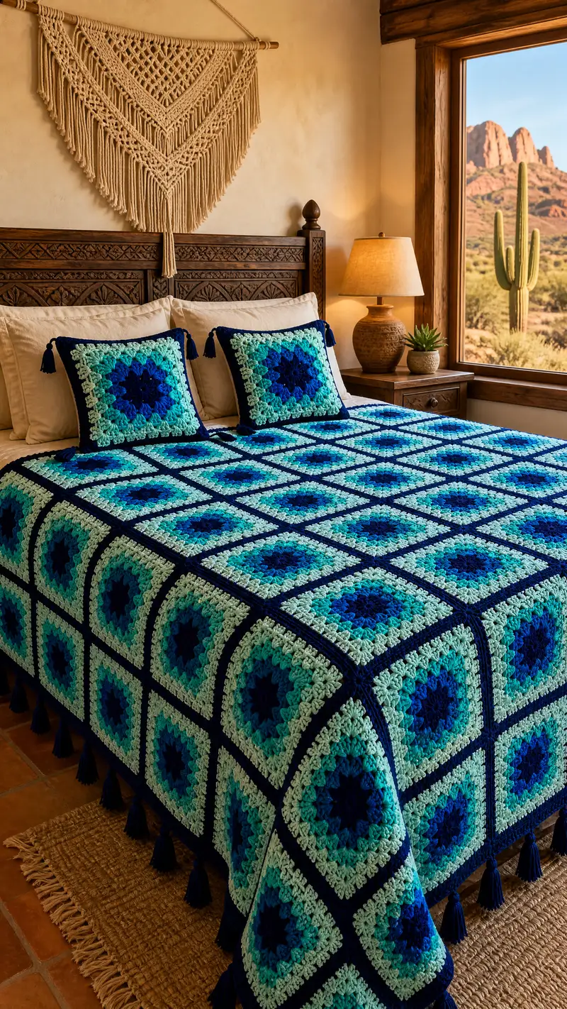 Free crochet pattern: Oceanic Navy Granny Square Bedspread Pattern - Intermediate level tutorial