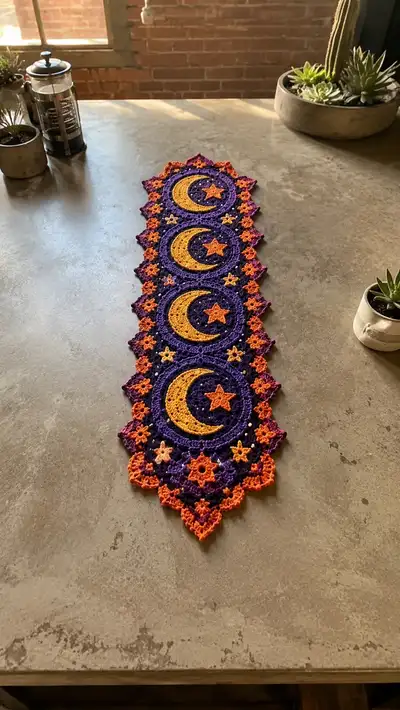 Celestial Crescent Moon & Star Table Runner Pattern step 1 - construction progress