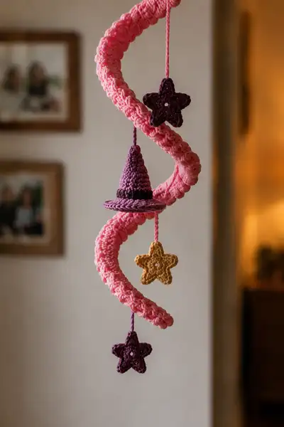 Rose Pink Roof Spiral Garland with Witch Hats and Stars Pattern step 2 - assembly progress