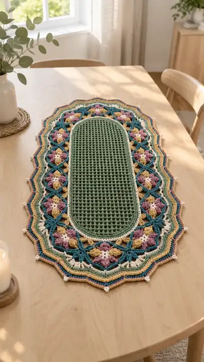 Colorful Oval Crochet Table Runner Pattern step 1 - construction progress