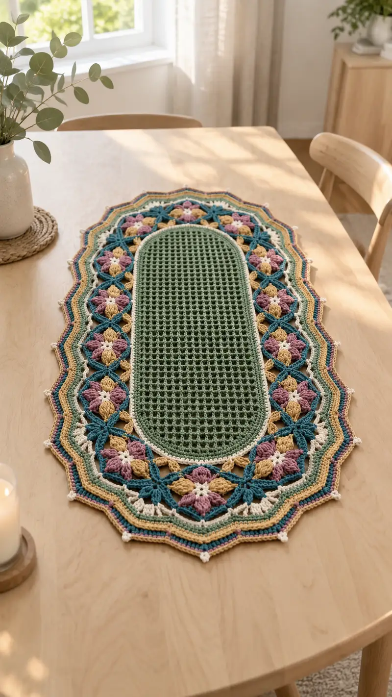 Colorful Oval Crochet Table Runner Pattern crochet pattern - detailed view of completed project