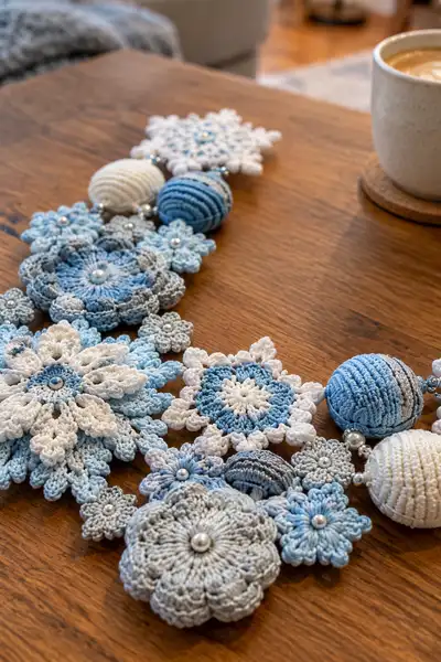 Snowflake Star Winter Table Centerpiece Pattern step 2 - assembly progress