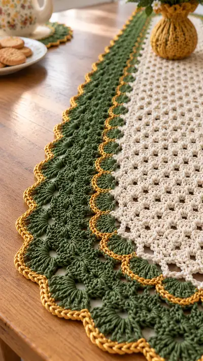 Elegant Green & Cream Table Runner Pattern step 2 - assembly progress