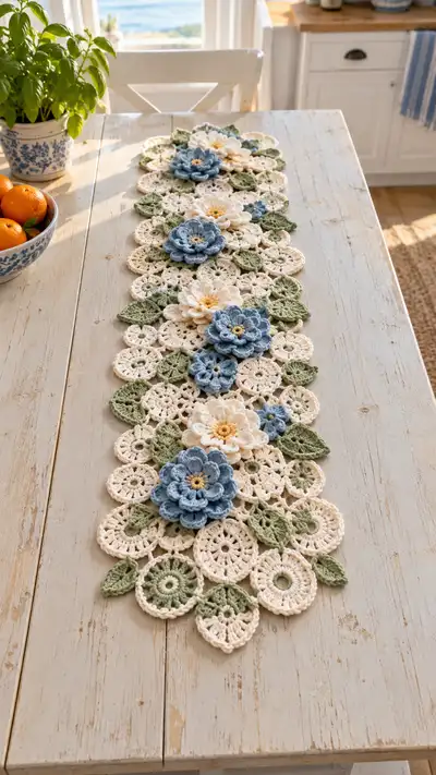 Blue And Cream Floral Crochet Table Runner Pattern step 1 - construction progress