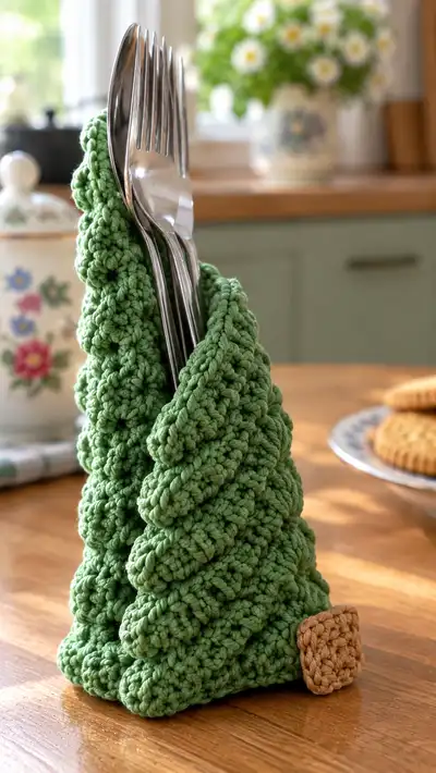 Festive Tree Utensil Holder Pattern step 2 - assembly progress