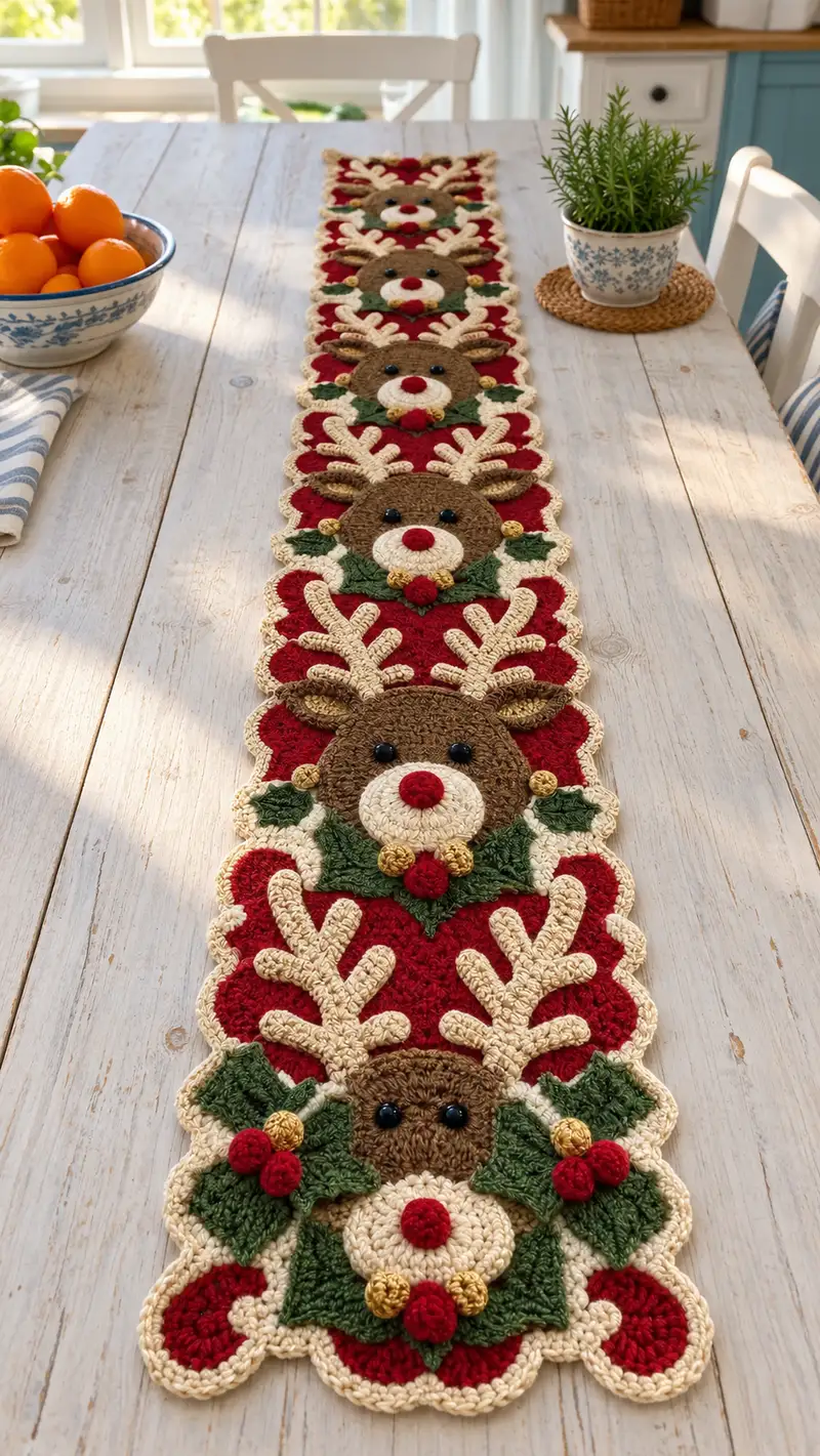 Festive Reindeer Table Runner Pattern crochet pattern - detailed view of completed project