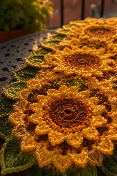 Golden Sunflower Medallion Table Runner Pattern step 2 - assembly progress