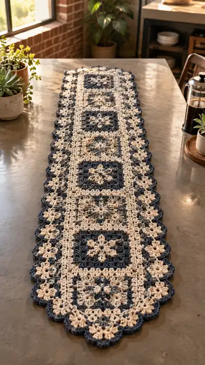 Navy And Cream Floral Granny Table Runner Pattern step 1 - construction progress