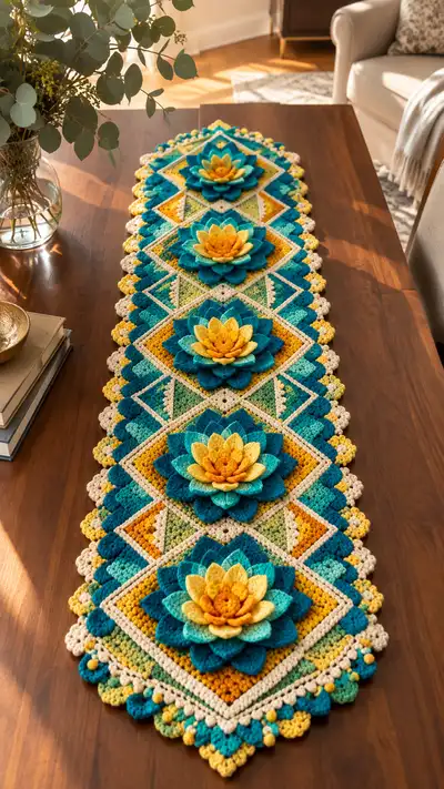 Sunlit Lotus Diamond Table Runner Pattern step 1 - construction progress