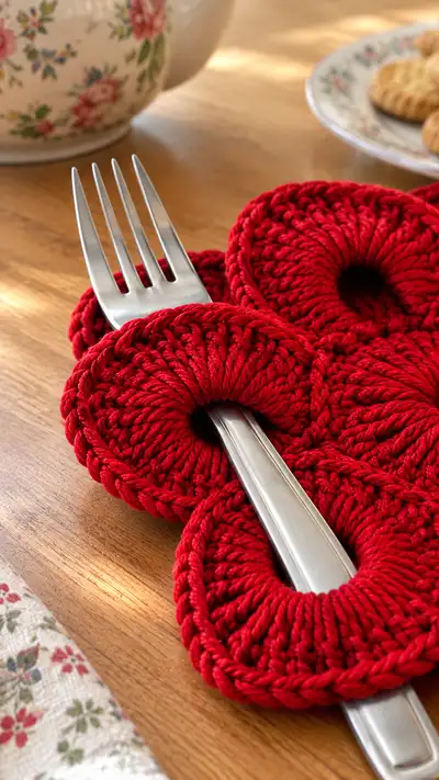 Red Flower Cutlery Holder Pattern step 2 - assembly progress