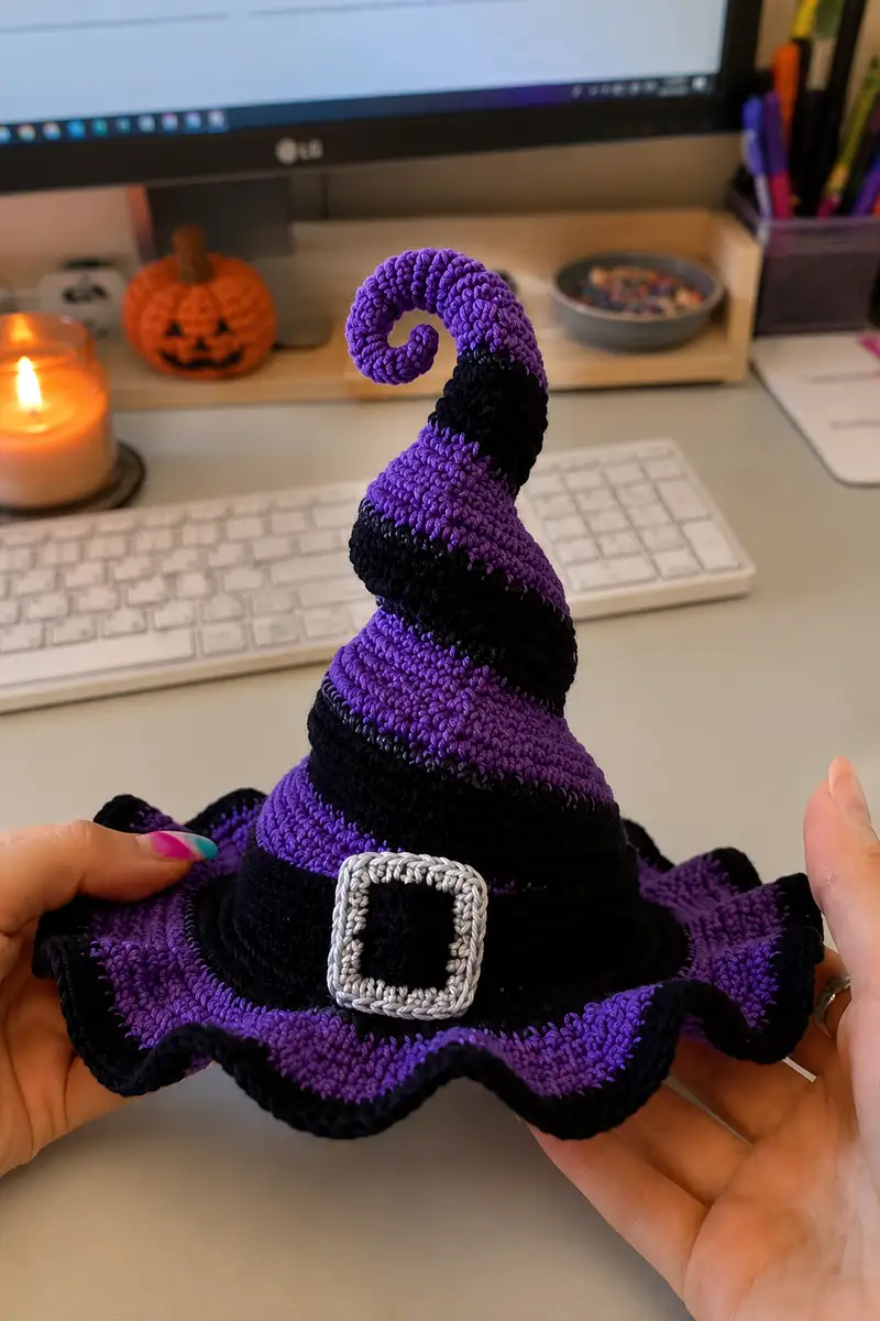 Striped Spiral Witch Hat Pattern crochet pattern - detailed view of completed project
