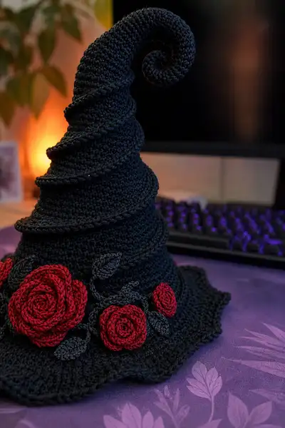 Big Gothic Glam Black Spiral Witch Hat with Red Roses Pattern step 2 - assembly progress
