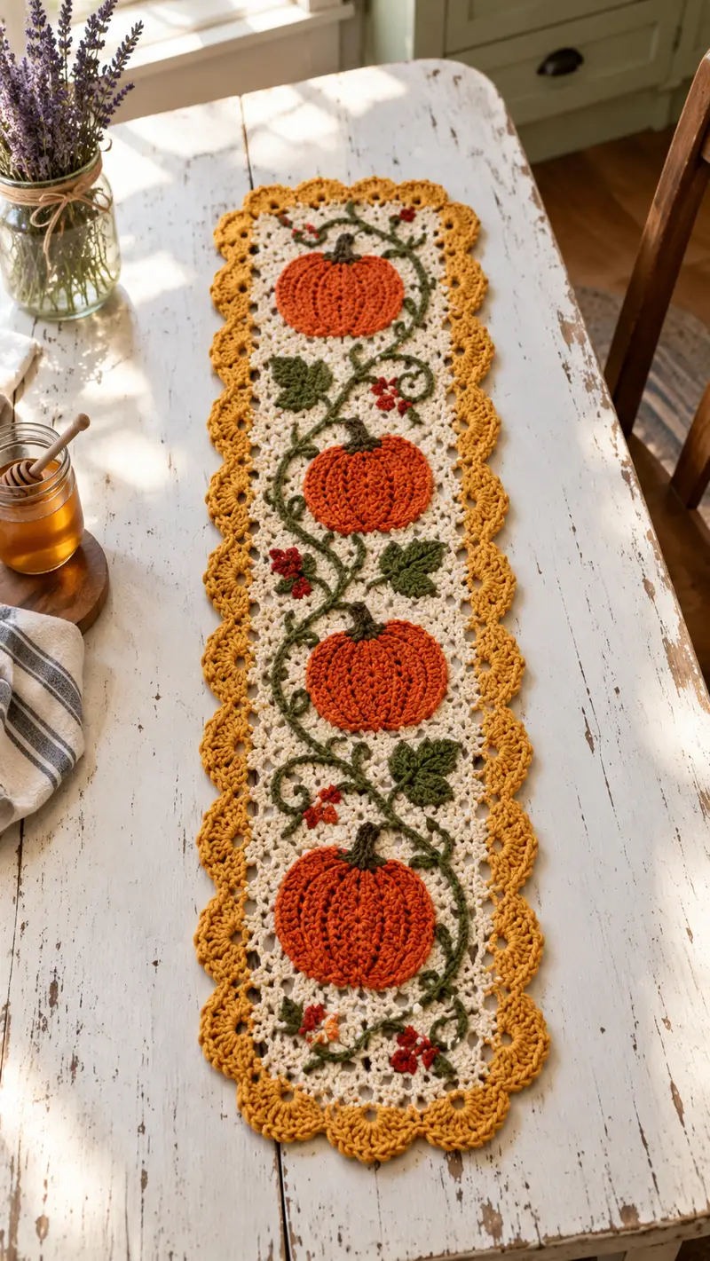 Autumn Pumpkin Table Runner Pattern crochet pattern - detailed view of completed project