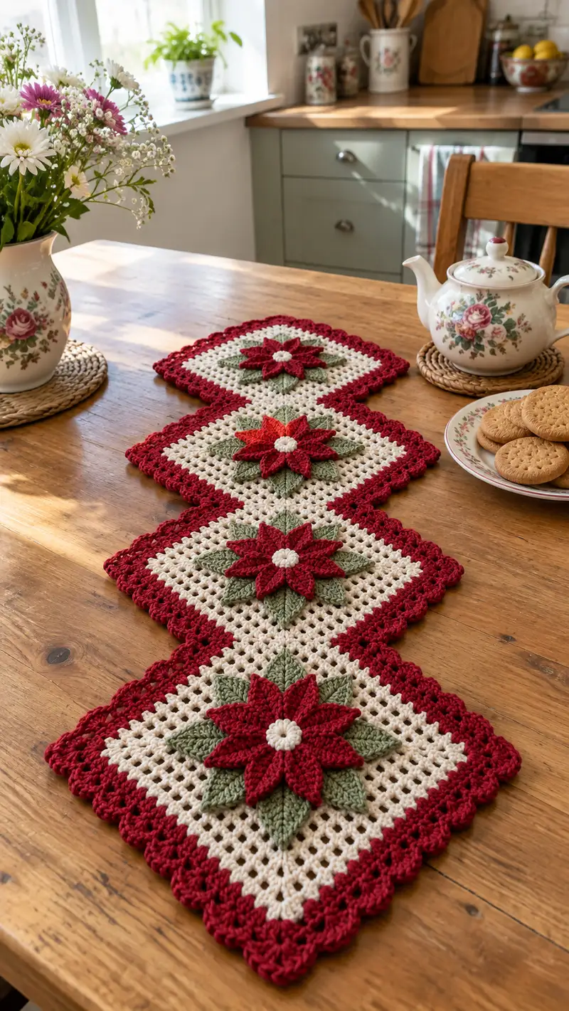 Poinsettia Squares Table Runner Pattern crochet pattern - detailed view of completed project