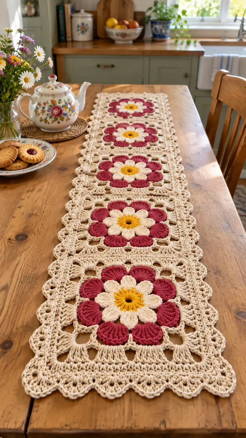 Daisy Chain Table Runner Pattern crochet pattern - detailed view of completed project