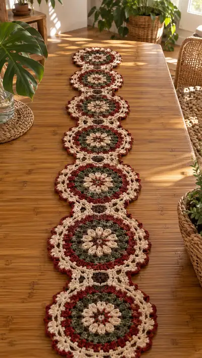 Ivory Burgundy Floral Mandala Table Runner Pattern step 1 - construction progress