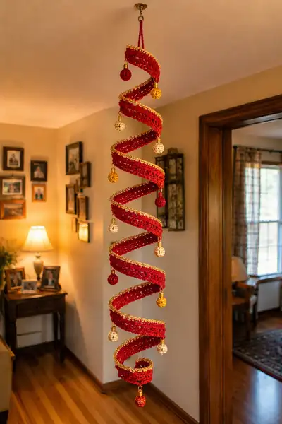 Red and Gold Spiral Christmas Garland Hanging Pattern step 1 - construction progress