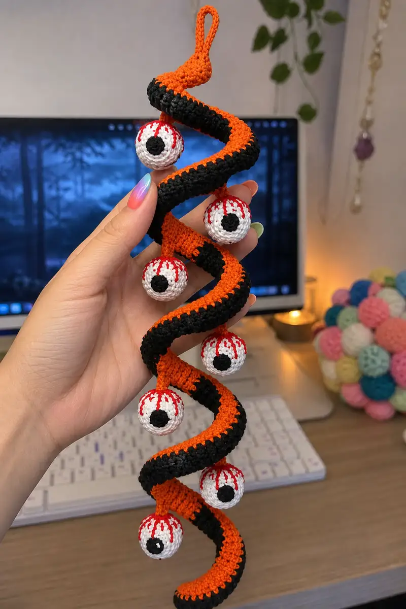 Orange and Black Spiral Halloween Garland with Bloody Eyeballs Pattern crochet pattern - detailed view of completed project
