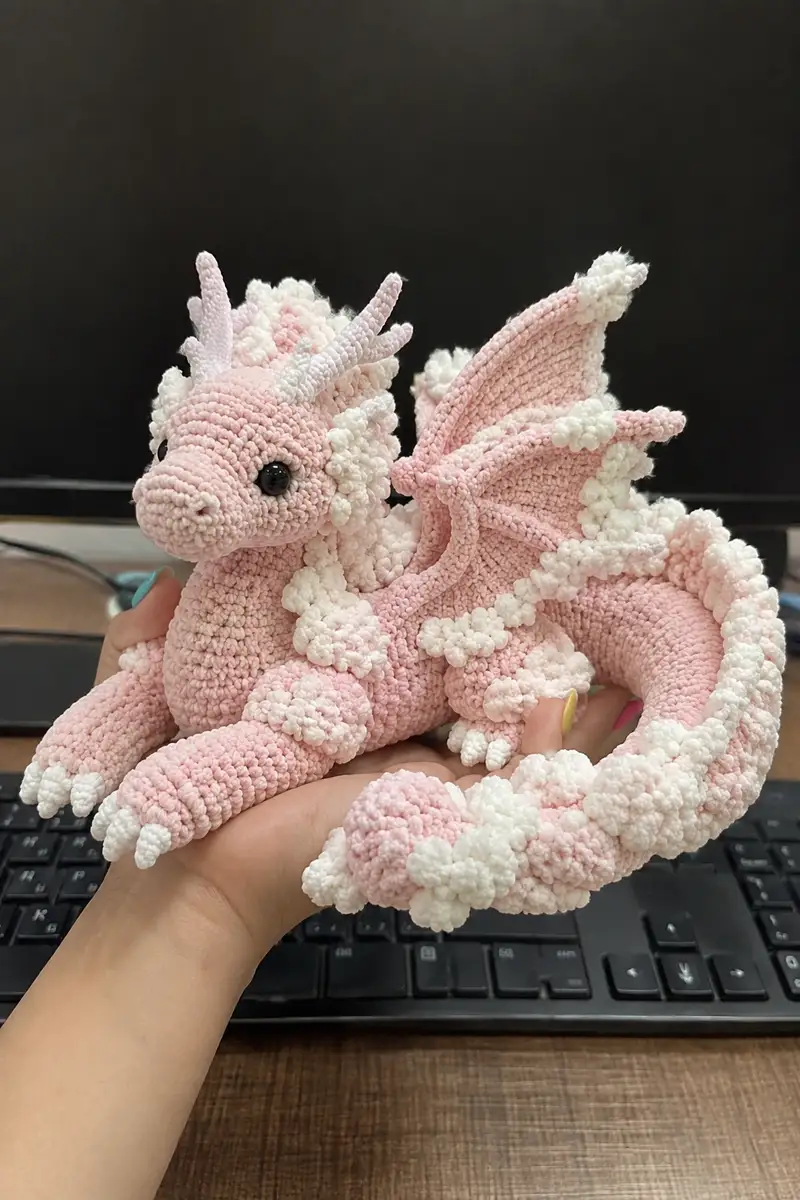 Giant Pastel Pink Cloud Dragon Amigurumi Pattern crochet pattern - detailed view of completed project