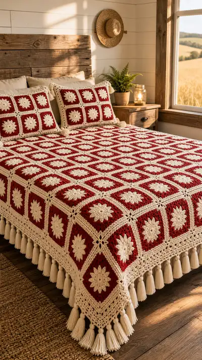 Crimson Sunburst Granny Bedspread Pattern step 1 - construction progress