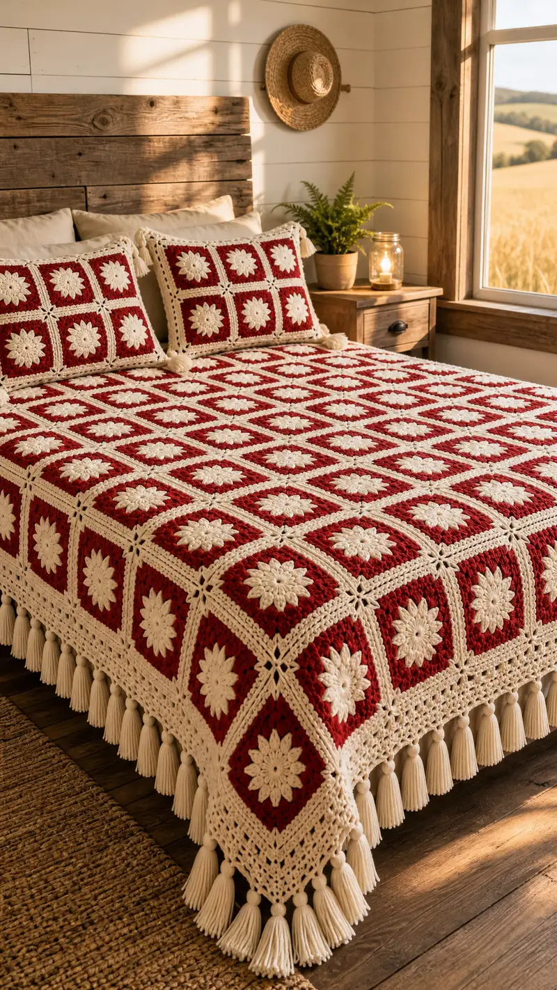 Crimson Sunburst Granny Bedspread Pattern crochet pattern - detailed view of completed project