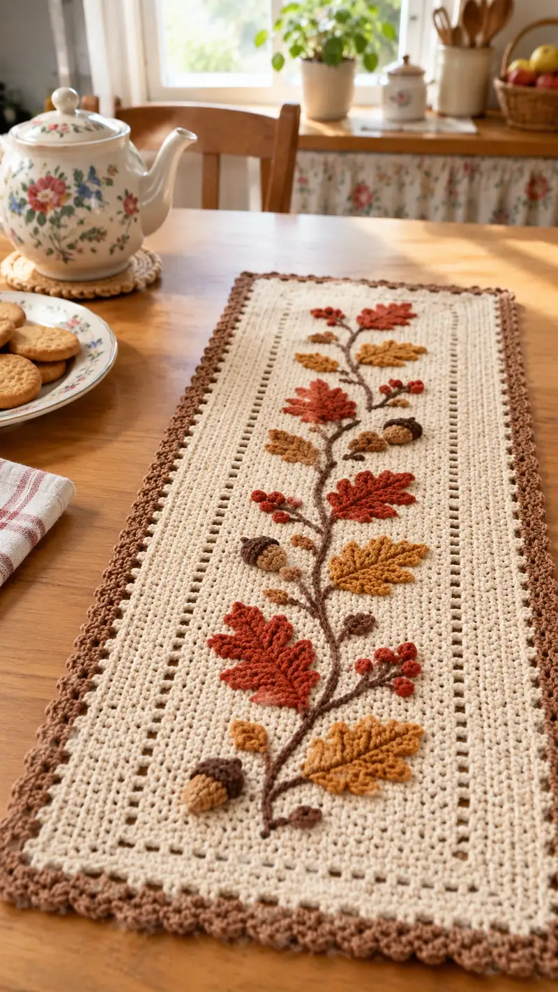 Autumn Leaves Table Runner Pattern crochet pattern - detailed view of completed project