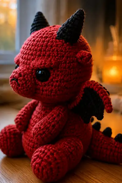 Little Grumpy Red Devil Dragon with Pouty Face Amigurumi Pattern step 2 - assembly progress
