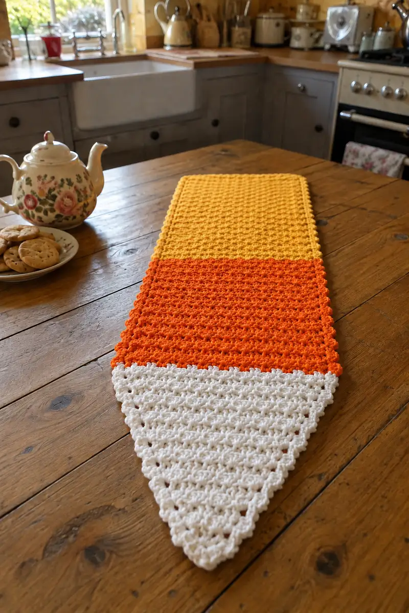 Candy Corn Halloween Table Runner Pattern crochet pattern - detailed view of completed project